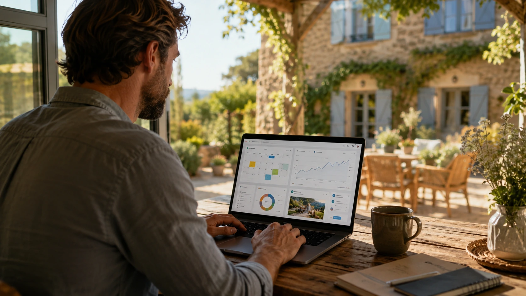 Propriétaire de gîte développant ses réservations directes depuis un espace de travail calme avec vue sur le jardin