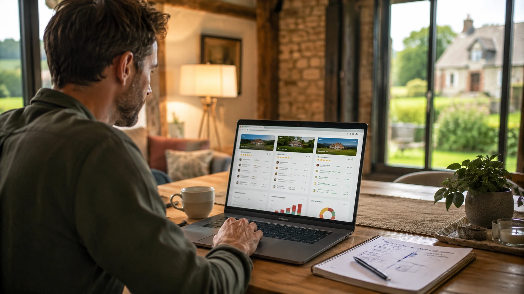 Propriétaire de gîte comparant sa stratégie de réservation depuis un bureau chaleureux et lumineux