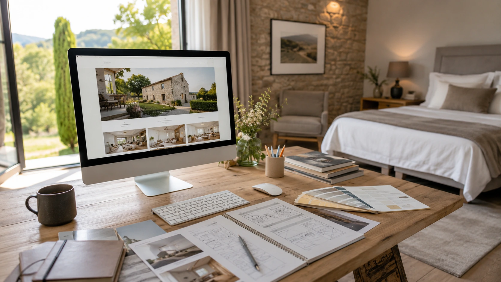 Propriétaire de chambre d’hôtes travaillant sur son site internet dans un espace de travail lumineux et accueillant