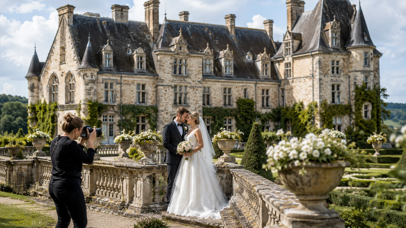 Couple de mariés devant un domaine de caractère en Normandie avec ambiance premium et réservation directe
