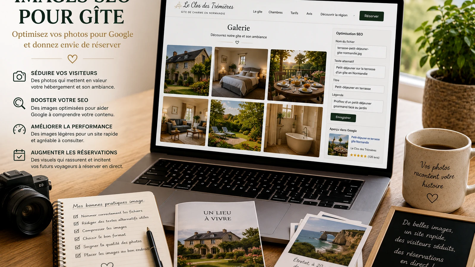 Propriétaire de gîte analysant son site internet avec statistiques, carnet de notes et ordinateur dans un bureau premium