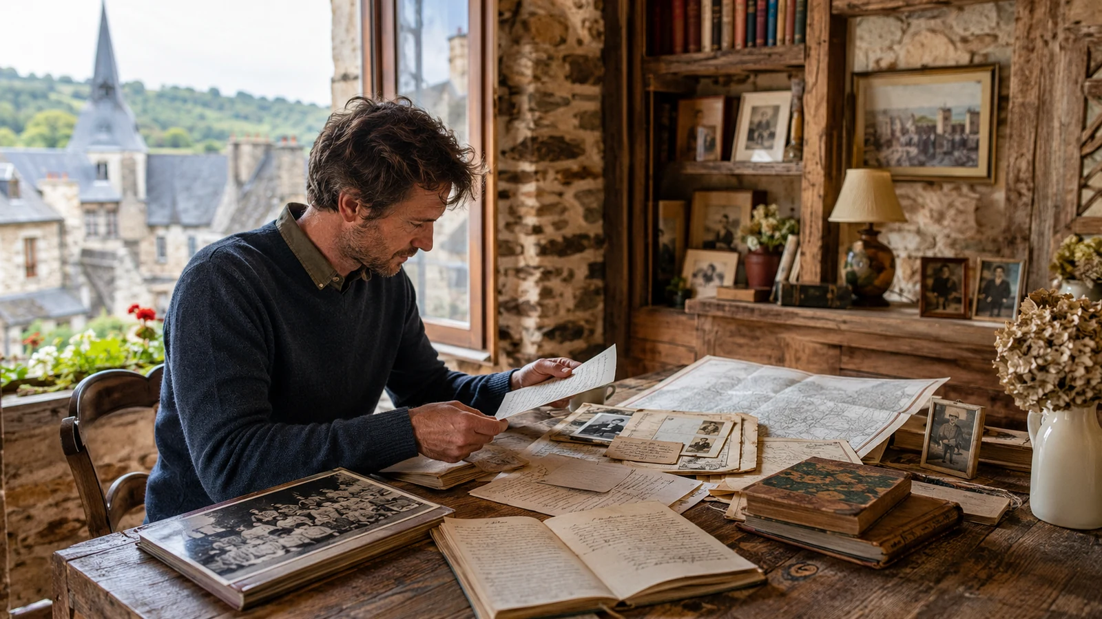 Famille préparant un séjour dans un grand gîte avec chambres visibles, carnet de notes et ambiance chaleureuse