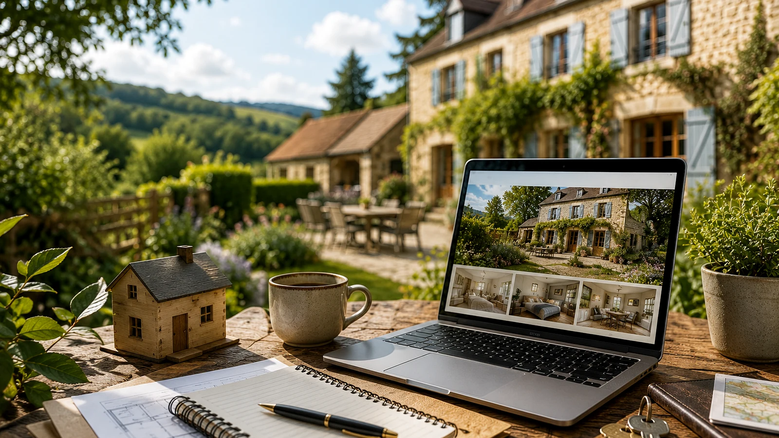 Grand gîte en Normandie avec grande table, jardin et famille préparant un séjour de groupe