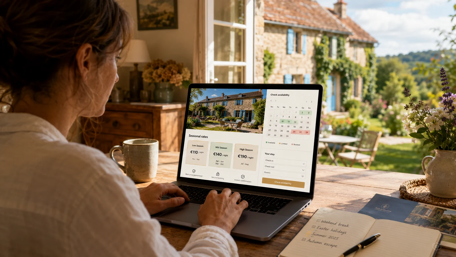 Propriétaire de domaine préparant une grille tarifaire de privatisation avec ordinateur et photos du lieu premium