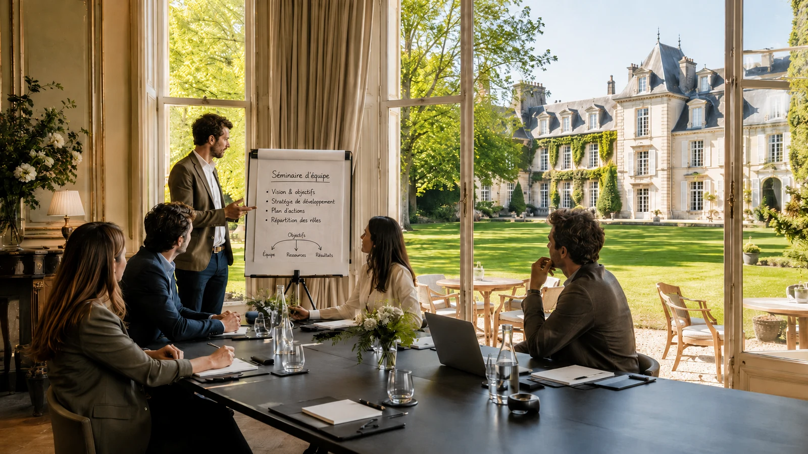 Équipe professionnelle en séminaire résidentiel dans un domaine avec salle de réunion lumineuse et hébergements sur place