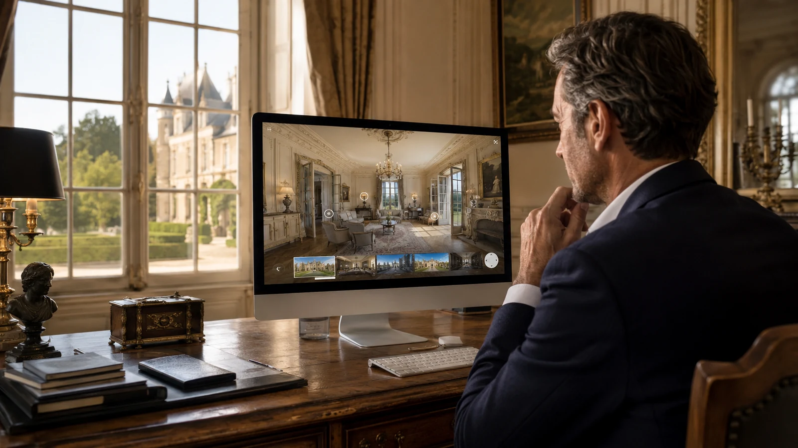 Futurs mariés consultant une visite virtuelle de domaine de mariage sur ordinateur dans une ambiance premium